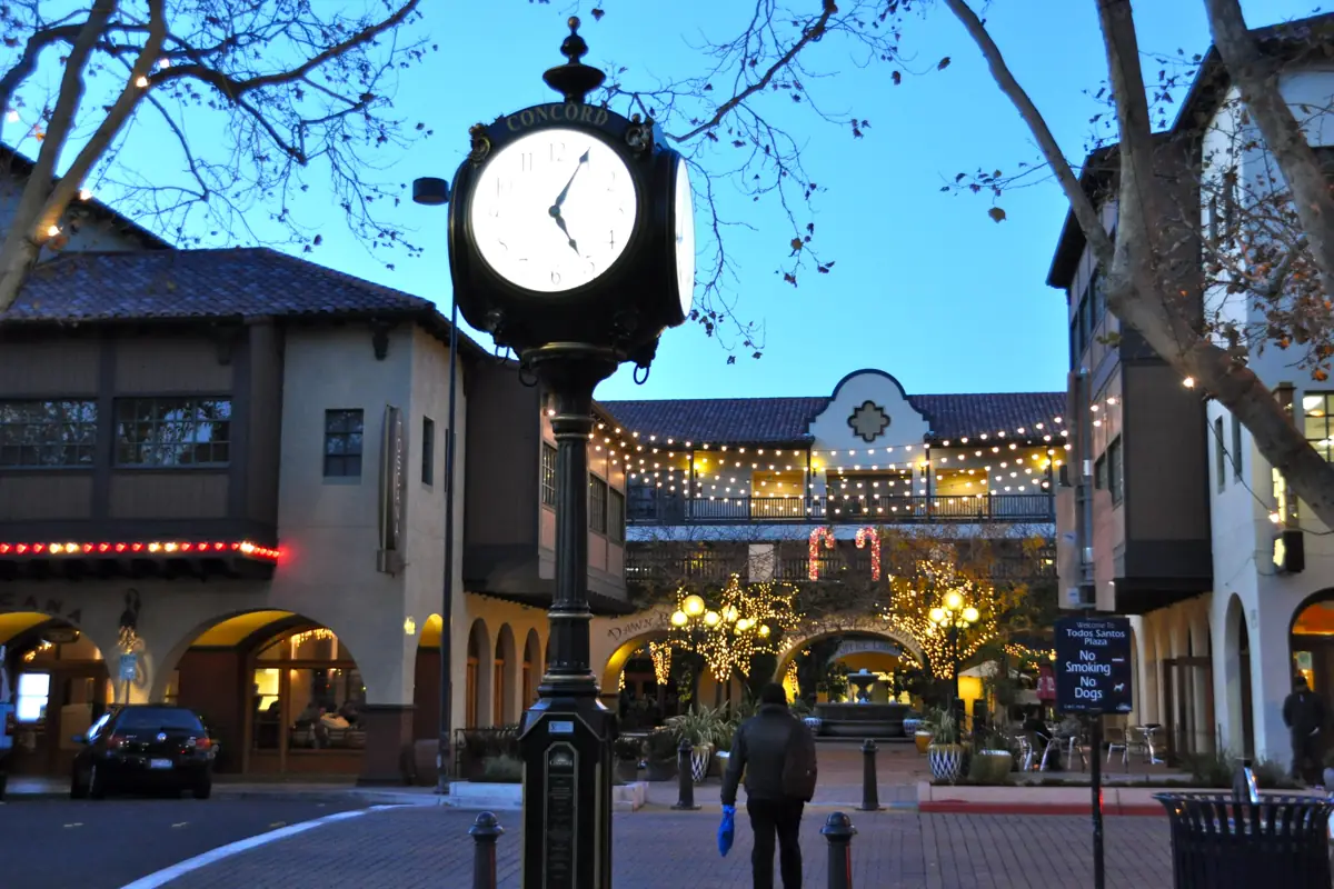 Todos Santos Plaza in downtown Concord decorated with lights